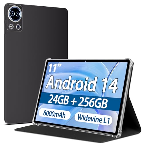 SKYEGG Tablet 11 Zoll Android 14 mit 24 GB RAM + 256 GB ROM (1TB TF), Octa-Core 2.0 GHz, 8000mAh, Widevine L1, 13+5MP, GPS, 5G WLAN BT 5.0, 1280 * 800 Tablet mit Hülle, Grau