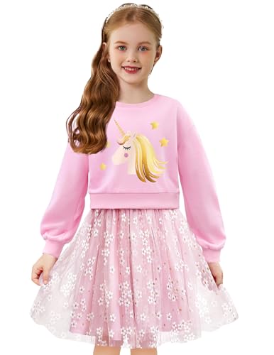 Arshiner Mädchen Kleider Tüll Spleißen Langarmkleid Kinder Rundhals Elegant Partykleid Festliche Mode Bedruckt Freizeitkleid Herbst Winter Lässiges Kleid für Mädchen 5-6 Jahre Einhorn