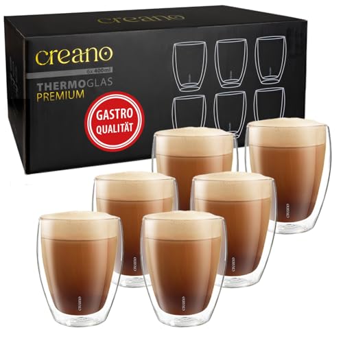 Creano PREMIUM doppelwandige Trinkgläser 400ml - 6er Set - Gastronomie Qualität - 100% Spülmaschinenfest - NEUHEIT 2024 - dooppelwandige Gläser - Latte Gläser - Cappucinotassen