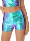 CHICTRY Metallic Hotpants Damen Glänzende Shorts Mit Hoher Taille Eng Anliegende Kurze Hose Für Tanz Sport Disco Fasching Karneval Kostüm Blau&Lila A M