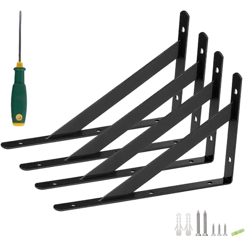 Jimkply 4 Stück Regalwinkel, Regalhalterung, 90 Grad Winkel Regalhalterung und Schrauben Dübel Wasserwaage Schraubendreher, Regalträger, Regal Halterung Wand, 150 x 95 x 2 mm (schwarz)