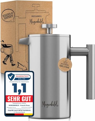 Morgenheld Edelstahl French Press für 3 Tassen 600 ml Metall Kaffeepresse Induktion geeignet thermo Isolierkanne Kaffeebereiter doppelwandig