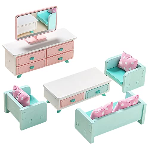 10 Stück Mini Möbe und Zubehör Wohnzimmer Mit Sofa,Minimöbel Komplett-Set aus Holz,Mini für das Wohnzimmer,Tischchen Fernsehgerät und 3 Sesseln,Passend für alle Mini-Haus,Rosa