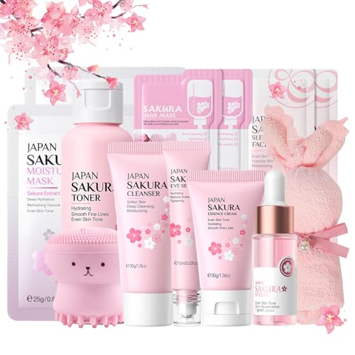 Japan Sakura Hautpflege Set für Teenager-Mädchen, Feuchtigkeit Skincare Set, Anti-aging Gesichtspflege Set, Beauty Geschenke Set Frauen - Reinigung Toner Serum Creme Augenserum Gesichtsmaske