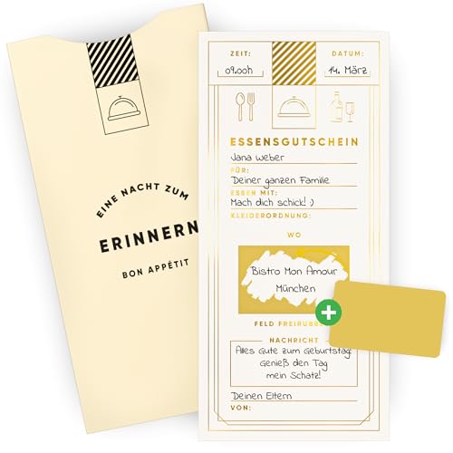 Heimonie Gutschein zum Essen gehen mit Rubbelaufkleber & Kuvert - Restaurant Gutschein mit Geschenk Verpackung - Essens Gutschein Karte für Restaurantbesuch zum freirubbeln