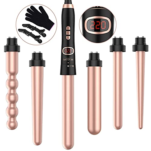 Lockenstab mit Verschiedenen Aufsätzen Set - BESTOPE PRO 6 in 1 Lockenstäbe große und kleine locken, Curling Wand Keramik Lockeneisen mit Handschuh Rosa Gold 9-32mm