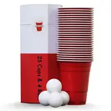 RedCupShop® Becher Set | 25 Red Cups & 4 Bälle | Spülmaschinenfest & Wiederverwendbar | 473ml/ 16oz rote Partybecher