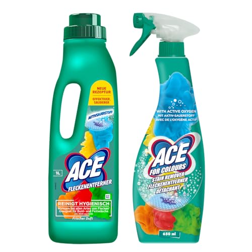 ACE Fleckenentferner Set - ACE Fleckenentferner Waschmittel und Fleckenentferner Spray, für Buntwäsche und Feinwäsche, hilft bei hartnäckigen Flecken, auch als Textilreiniger geeignet - 1 L + 650 ml