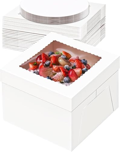 Tlczrva Tortenkarton,5er-PackTortenbox Set, Kuchenbox,Tortentransportbox,weiße Tortenschachtel mit Fenster und 5 Kuchenrunde Bretter, Kuchenkarton für Torten, Gebäck(30.5 * 30.5 * 20.3cm)