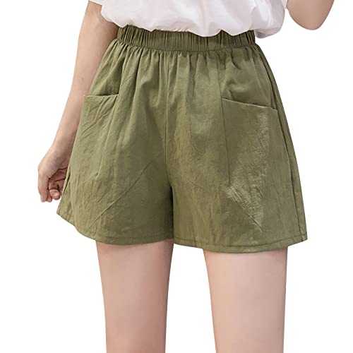 Shorts Damen Sommer Linen Musselin Kurze Hose Damen mit Zwei Taschen Weite Leichte Mode Solid Color Elegant Gerades Bein Sporthose Kurze Hose Gummiband Strandhose Leinen Shorts Damen