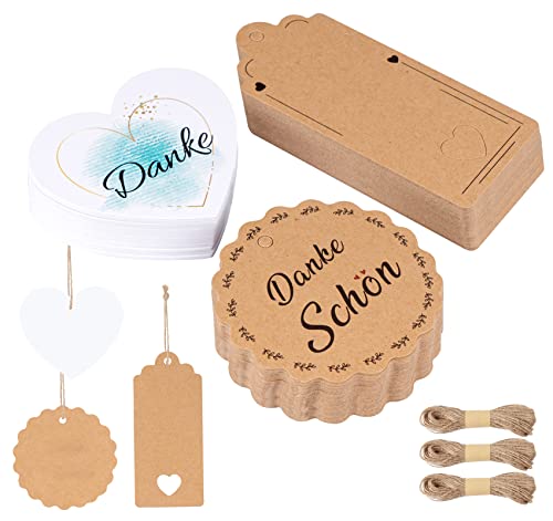 ABSOFINE Geschenkanhänger Danke,150Stk Einseitiger Druck Kraftpapier Anhänger Danke mit Jute Schnur 30M, DIY-Dekorationen Geschenkanhänger für Hochzeit,Taufe, Basteln,Geschenk,Geschenkverpackung