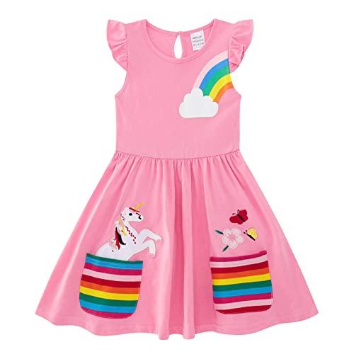 Freshhoodies Mädchenkleid Rosa Baumwolle Ärmelloses Mädchen Kleider 6-7 Jahre Regenbogen Niedlich Lässig Schmetterling Sommerkleid mit Taschen