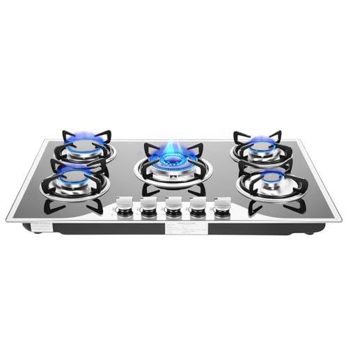Fridgestea Gasherd mit 5 Flammen, Gaskochfeld Einbau-Gaskocher mit Glasplatte für Propan- und Erdgas, Gas-Herdplatte Wok Brenner für Zuhause & Wohnmobil, Campingkocher
