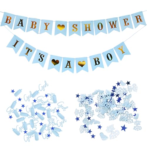 Baby Shower Konfetti und Banner Set - Dekoration für Babyparty, Junge Blau, It's a Boy Banner für Gender Reveal Party