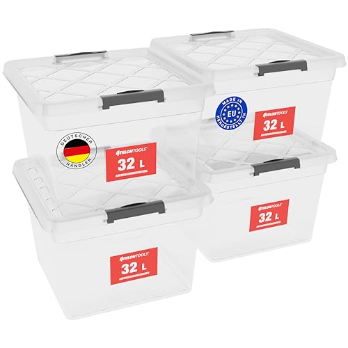 ATHLON TOOLS 4x 32 L Aufbewahrungsboxen mit Deckel, lebensmittelecht - Verschlussclips - 100% Neumaterial Plastik-Box transparent - Kleiderboxen stapelbar…