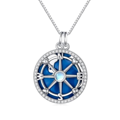 REDSUN Kompass Halskette 925 Sterling Silber mit Mondstein Kompass Anhänger Halskette Talisman Reise Halskette Kompass Schmuck Abschluss Geschenke für Frauen Mädchen