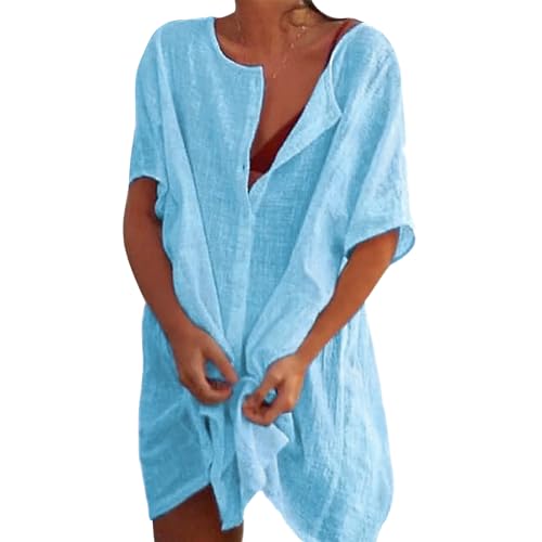 Figarge Damen Strandkleid Bikini Cover Up mit Rund Ausschnitt Knopfleiste Kurzarm 3/4 Sleeve Sommer Strandurlaub Badeanzug Strandtunika (DE/NL/SE/PL, Alphanumerisch, L, Regular, Regular, hellblau)