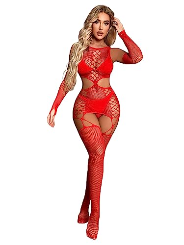 V-Ting Sexy Dessous für Damen Bodystocking Rot Netz body dessous Catsuit Unterwäschen Reizwäsche Netz Strumpfhose Hohle Jumpsuit Frauen Bodysuit Nachtwäsche outfit sets ouvert für sex mit Handschuhe