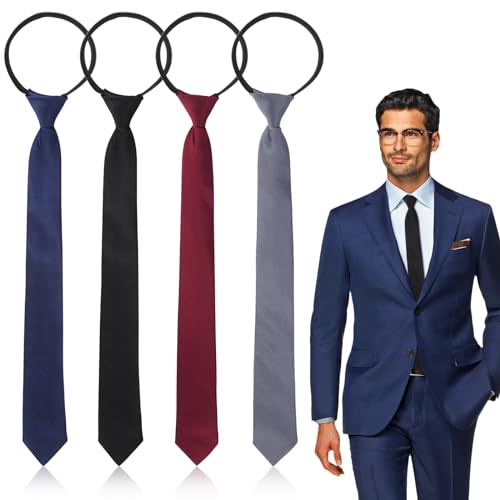 BINYI Krawatten für Herren Tie Set 4 Stück Krawatte Schlips Schwarz Grau Dunkelblau Rot Schmal Krawatte Seide mit Gummizug Reißverschluss Kinderkrawatte für Herren Jungen Kinder Sicherheitskrawatte