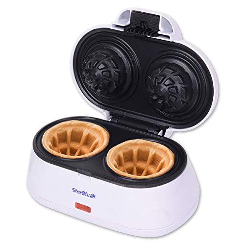 StarBlue Doppelte Waffelschüsseln, Weiß, Schüsselformen belgische Waffeln in Minuten | Ideal zum Servieren von Eis u. Obst | 220-240 V 50/60 Hz 1200 W, UK-Stecker mit EU-Adapter