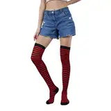 FGFD&OU Kniestrümpfe für Damen Überknie Gestreift Overknee Strümpfe Frauen Overknees Socken Damen Warme Hohe Socken Damen Thermo Lange Socken Mädchen (Schwarz&rot)