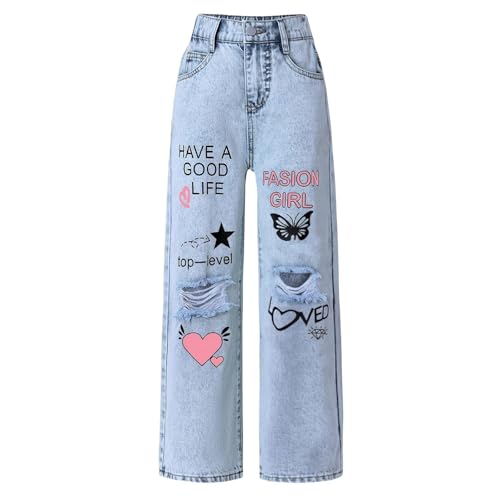 Generisch Jeans Jeanshosen für Mädchen Bootcut Elastische Taille Denimhose Kinder Jeans mit Weitem Bein Y2K Retro Style Denim Hose Casual Loose Straight Jeans 120-170