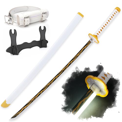 Zisu Light Up Demon Slayer Schwert - 101,6 cm Schwert mit wiederaufladbarem Akku - Komplettes Kit mit Schwertständer und Gürtel - Authentische Cosplay Replik für Zenitsu