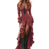 Kleid Langarm Damen Festlich Vintage-Stil Halloween Sexy Rüschen Langarm Einfarbig Maxi-Kleid Für Frauen Bohemian Prairie Fashion Kleid Minikleid Rot Sexy (Coffee, XXXL)