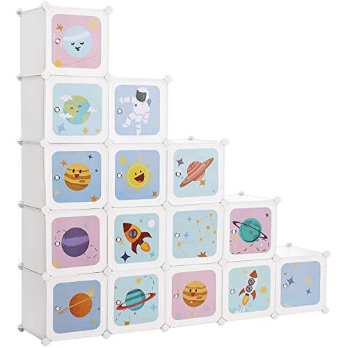 SONGMICS Regalsystem mit 15 Würfeln, Aufbewahrungsschrank für Kinder, Kleiderschrank mit Türen, Schuhregal aus Kunststoff, Steckregal, Mehrzweck, Schuhe, Spielzeug, 153 x 31 x 153 cm, weiß LPC902W