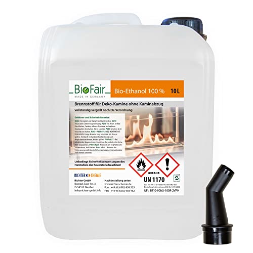 BioFair Bioethanol - 100% Reiner Brennstoff - Bioethanol für Bioethanolkamin, Ethanol Tischkamin, Wandkamin Indoor - 10 Liter