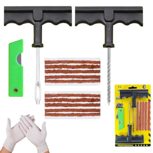 NOOGUI Reifenreparaturset | Auto Reifen Reparatur Kit | Reparieren in 15 Minuten | Enthält 10 Vulkanisierende Streifen, 2 T-Griffe, 2 Handschuhe,1 Taschenmesser| Reifen Flickzeug für Alle Reifentypen