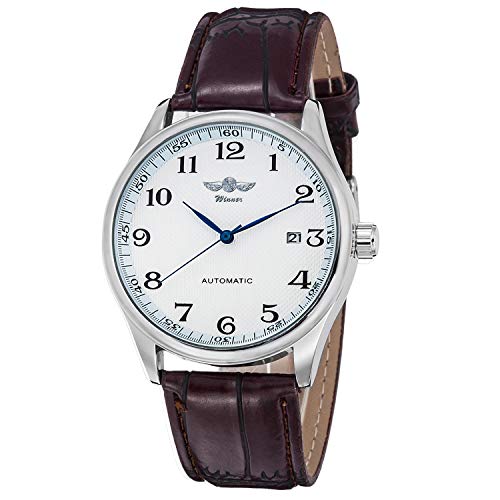 GuTe Mechanical mechanische Armbanduhr für Herren, Modell „Winner“, klassisches Design, weißes Zifferblatt, blaue Zeiger, Armband aus Kunstleder, selbstaufziehend