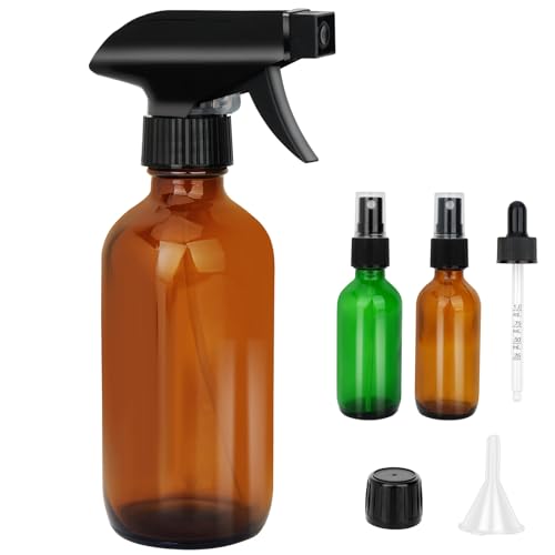 Glas Spray Flaschen.8.4oz nachfüllbare Flasche für ätherische Öle, Pflanzen, Reinigung, Haar, justierbare Düse für Strom, Nebel AUS mit 2 Glas nachfüllbare Mister 2oz/Einheit, 1 Trichter, 1 Tropfer