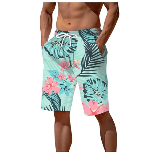 Hawaii-Shorts für Herren Kurze Hosen Herren Herren-Shorts, tropisch Bedruckt, elastische Taille, Strandhose, Sommer Badeshorts Gelb Herren Badeshorts Herren Sporthosen Herren Kurz (Mint Green, M)