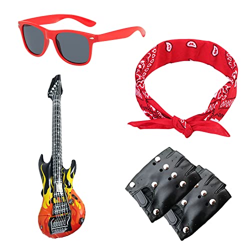 TIANNAIT 5-teiliges Punkrock-Party-Kit, aufblasbare Gitarre, Modebrille, Hip-Hop-Bandana, Rave-Handschuhe mit Nieten, Rockstar-Kostüm, 70er-80er-90er-Disco-Kostümzubehör, Rock-Punk-Gig-Party.