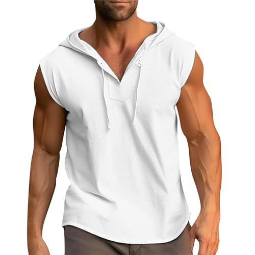 Tshirt Herren Weiss Tshirt Herren Lustig Henley Shirt Herren Langarm V-Ausschnitt Einfarbiges Ärmellos Hoodie Kordelzug Trägershirt Mit Kapuze Hemden Herren (Weiß, 3XL)