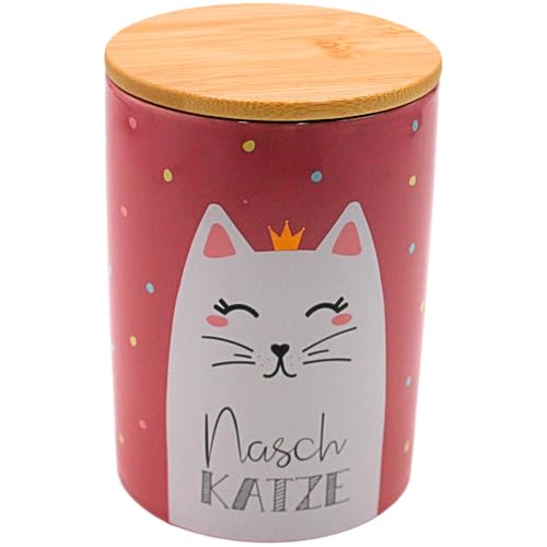 Dekohelden24 Stilvolle Keramik Aufbewahrungsdose/Kaffeedose/Frischhaltedose/Gebäckdose Nasch Katze. Motiv: Katze. Größe: H/Ø 15,6 x 11 cm.