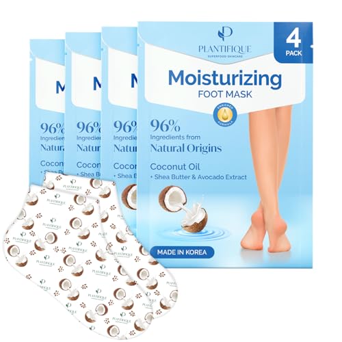 Plantifique Koreanische Fußmaske Socken, 4 Paar mit Box - Fusspflege Hornhaut Socken für Trockene Füße und Rissige Fersen - Hornhautentferner - Korean Foot Mask