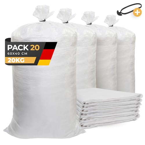 BIBODU Hochwasser Sandsäcke (20 EINHEITEN) | 40 x 60cm - Hochbelastbar (20kg) & Wiederverwendbar | Gewebesack aus Polypropylen | Sandsack Perfekt für Sand, Dreck, Garten, Bau und Laub