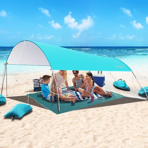 MYMULIKE Strandzelt XXL 3.2x3.2m Strandmuschel UV Schutz 50+, Verstellbarer Schattenbereich & Allseitiger Sonnenschutz, Beach Tent Holds 4 to 7 Personen für Strand und Camping