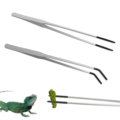 Prasacco 2 Stück Aquarium Pinzette Set, 27 cm Lange Pinzette aus Edelstahl Reptilien Futterpinzette mit Gummispitze Mehrzweck Gerade Pinzette und Gebogene Pinzette Set für Wasserpflanze, Reptilien