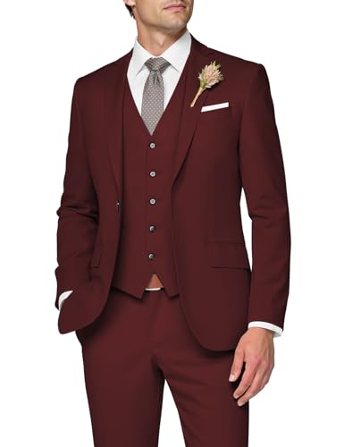 SPTALLFITJSV 3-teiliger Anzug für Herren, schmale Passform, Hochzeitsanzüge für Herren, elegante Ein-Knopf-Jacke, einreihige Weste, Hose, Weinrot, 6XL