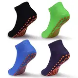 ELUTONG Rutschfeste Socken für Kinder, 4 Paar Stoppersocken Baumwolle Trampolin Sockens für Jungen Mädchen 2-5 Jahre(schwarz+dunkel lila+blau+grün)