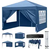 LEADZM Pavillon 3x3m,Pop-up Faltpavillon,Wasserdichter,Winterfest,Höhenverstellbar,UV Schutz 50+,Stahlrahmen,fur Garten,Party,Camping,Outdoor,Stahlrahmen,mit 4 Seitenteilen,Blau