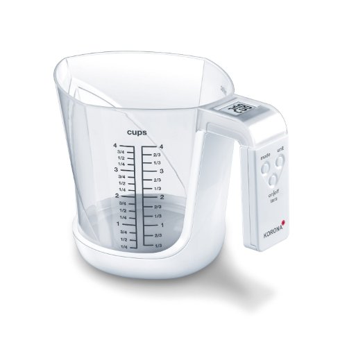 Korona 75877 Messbecherwaage MIA | Tragkraft 3kg, Einteilung 1 g | Inkl. Messbecher 1,0 L | Gut ablesbares LCD-Display | Tara-Zuwiegefunktion | Batterie inklusive
