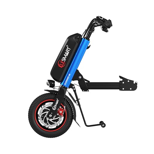 ELESMART A6 Elektrisch Rollstuhl Zuggerät, Elektrischer Handbike-Rollstuhl-Antrieb zur Umrüstung von Manuell auf Elektrisch Rollstühle, 12,8 Ah, 36V 500W, Mittelverbindung, Blau