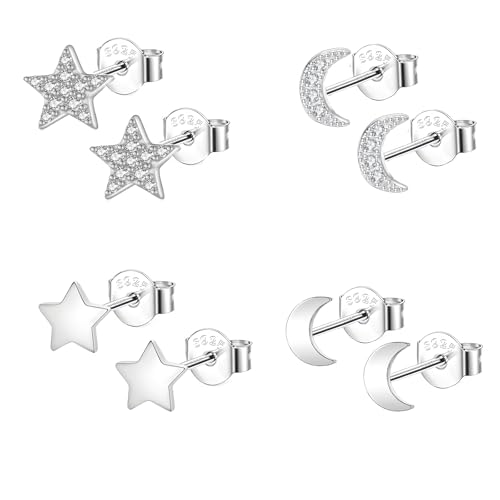 Epoch World 4 Paar 925 Sterling Silber Ohrringe Damen Silber Mond Stern Ohrstecker Klein Hypoallergene Ohrschmuck Silber Stern Ohrringe Cubic Zirkonia Schlafen Ohrstecker für Damen Frauen Mädchen