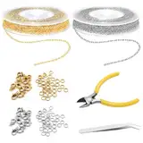 2 Rollen 5M Gliederkette Meterware Kit mit 40 Karabinerverschluss und 100 Biegeringe, Kette Meterware, Kette Basteln For DIY Armband Kette Schmuckherstellung mit Ausstechern, Pinzette (Gold, Silber)