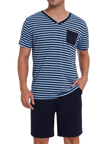 Leversic Schlafanzug Herren Kurz aus Baumwolle mit Kontraststreifen Design, Sommer Pyjama Set Oberteile und Kurze Hosen, Vater und Partner, 206-Himmelblau, XXL