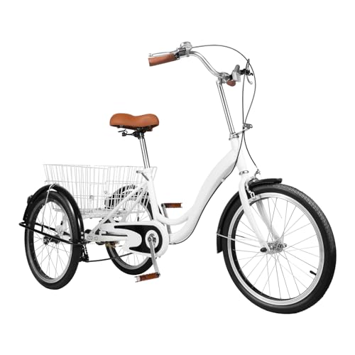 OUBUBY Erwachsenen-Dreirad 20 Zoll, mit Einkaufskorb Premium Bike Travel Tricycle Single Gear Bicycle Dual Brake System Verstellbarer Lenker und Sitz (Weiß)